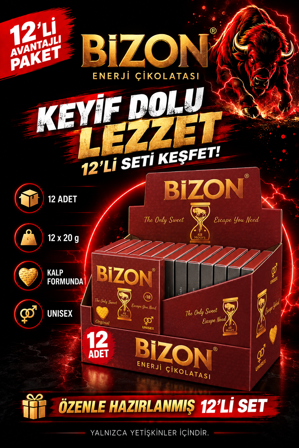 Bizon 12’li Enerji Çikolatası Seti – Unisex Çikolata 12 x 20 g